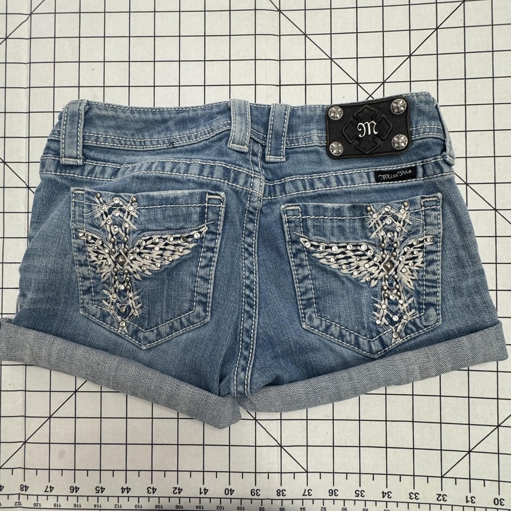 Miss Me Shorts Womens 29 Blue Denim Cuffed Cut Off Rhinestone Back Pockets